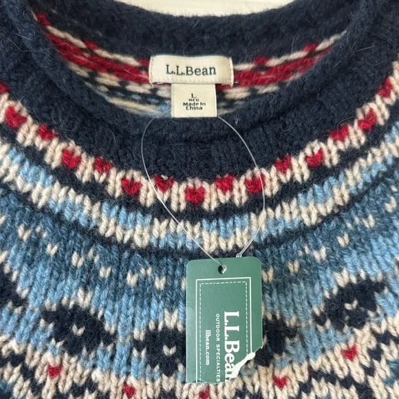 L.L. Bean Navy Fair Isle Crewneck Sweater with Light Blue and Red Accents - Picture 2 of 4